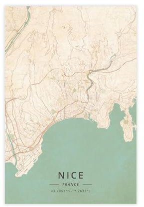 Nizza Frankreich Stadtkarten Vintage Leinwandposter Schlafzimmer Dekor Sportlandschaft Büro Zimmer Dekor Geschenk Unframe 30 x 45 cm