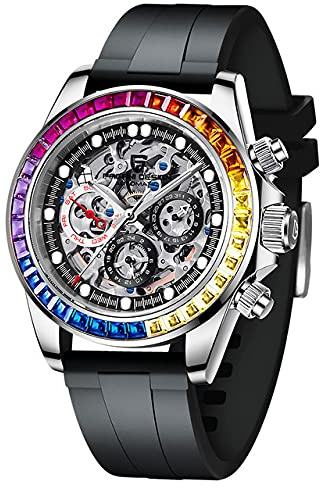 Pagani Design Luxus Herren Automatikuhr Juwel Regenbogen Lünette Skelett Zifferblatt Edelstahl 100M Wasserdicht Leuchtend Multifunktions Sport Chronographen Uhren