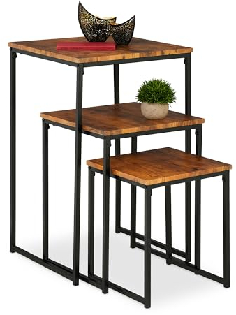 Relaxdays Beistelltisch 3er Set, stapelbar, Industrie Design, Satztisch 3 Größen, quadratisch, Metall, braun/schwarz