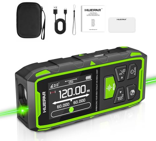 Telemetro a doppio laser, Huepar 120 m, colore verde, misuratore laser con laser, LCD retroilluminato, misurazione distanza, area e volume e modalità pitagorica