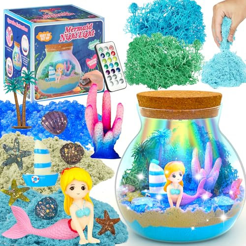 Meerjungfrau-Geschenke für Mädchen – Leuchtendes Meerjungfrauen-Terrarium-Bastelset für Kinder – Bastelspielzeug – Geburtstagsgeschenke für Kinder im Alter von 4, 5, 6, 7, 8, 9, 10, 11 und 12 Jahren