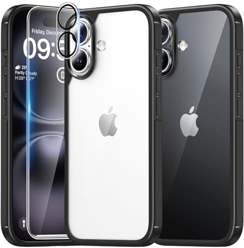 TAURI for iPhone 16 Case with HD Screen Protector, [Not-Yellowing] [15 FT Grade Protection] Shockproof Phone Case for iPhone 16 6.1 Inch - Black
