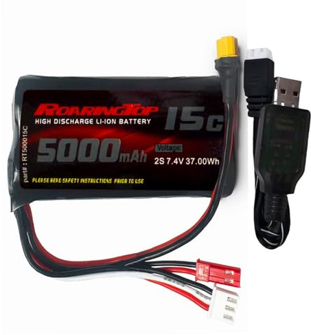 RoaringTop 7.4V 5000mAh 2S Rechargeable Lithium-ion Battery with XT30 and JST Plug, 1 USB Charging Cable, Suitable for Transmitter TX16S RC4GS, RC6GS