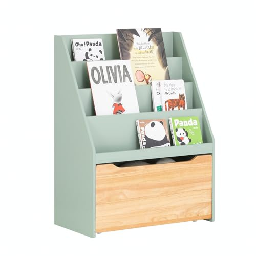 SoBuy Kinder Bücherregal 62x80x30 cm für Kinderzimmer | Regal mit 4 Fächern & herausnehmbarer Spielzeugtruhe auf Rollen, Grün-Natur KMB95-GR