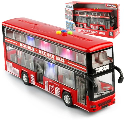 Cdymkf 11(28cm) Double Decker Bus Toy with Lights & Sounds, Scale(1:16) Friction Powered Bus Toy for Kids with Indoor Ceiling Lights and 4 Different Sounds - Gift for Kids Ages 3+ (Red)