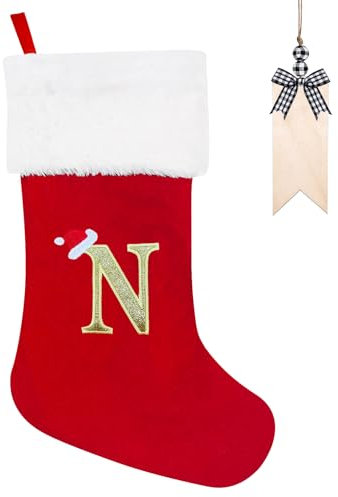 Weihnachtsstrumpf Personalisiert 50cm Großer Nikolausstrumpf mit Buchstaben Plüsch Stockings Hängender Weihnachtsmann mit Namensschild Ornamente Weihnachtsdekorationen für Weihnachtsbaum und Heim (N)