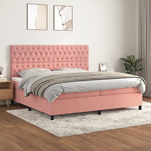 OHOOWOO Boxspringbett mit Matratze Rosa 200x200 cm Samt,Luxuriöses Boxspringbett aus Samt mit verstellbarem Kopfteil für erholsamen Schlaf