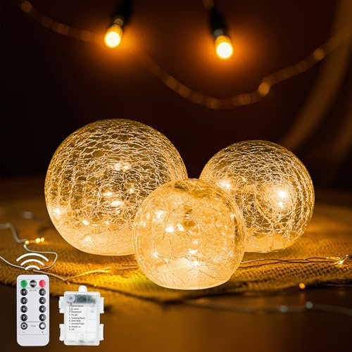 Sunshine smile 3er LED Kugelleuchte Set,LED Glaskugel Lichterketten,8 Modi Deko Lampe Batteriebetrieben,LED Kugel mit Timer,Weihnachtsdeko Beleuchtet mit Crackle Glas,LED Crackle Glas Lampe