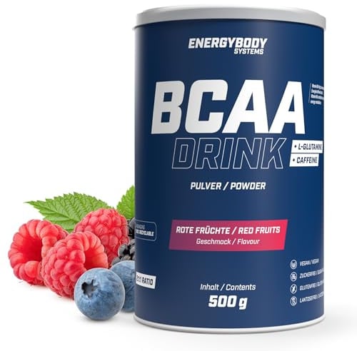 Energybody BCAA Pulver Rote Früchte 500 g | BCAA Drink, Aminosäuren Pulver, mit L-Glutamin, BCAAs, 41 Portionen, für Kraftsport & Ausdauer