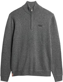 Superdry Herren Essential Strickpullover mit Halbreißverschluss und Stickerei Möwengrau Meliert M