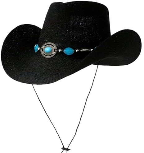 THINCAN Cowboy Hat Women, Western Gem Belt Straw Hat Hat Vintage Women Sun Protective Travel Hat Black