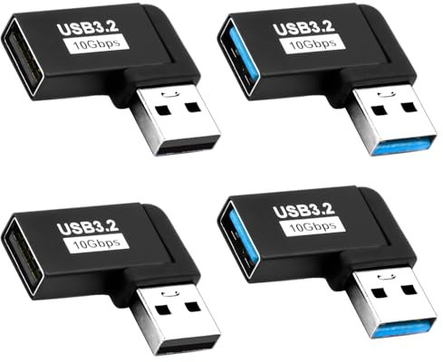Nodcows 4 Pezzi Adattatore USB 90 Gradi, USB 3.2 Maschio a Femmina Angolo L Trasferimento Dati Rapido 10 Gbps, Compatibile con USB 3.0/2.0/1.0, per Laptop e Tablet