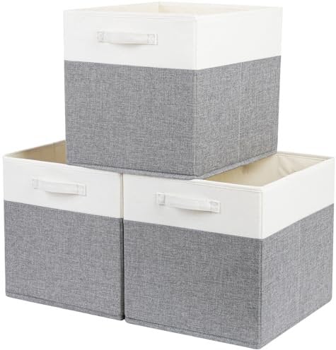 SOCOHOME Fabric Storage Boxes,33x38x33cm Foldable Kallax Boxes for Organizing Clothes Shelf Nursery Closet(Grey/White, Set of 3)