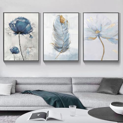 champracer 3er Set Klein Frisch Poster Blau Blumen Feder Wandbilder Poster Schlafzimmer Aesthetic Leinwand Bilder Leinwand Kunstdruck für Schlafzimmer Gang Esszimmer Ohne Rahmen (50 * 70cm)