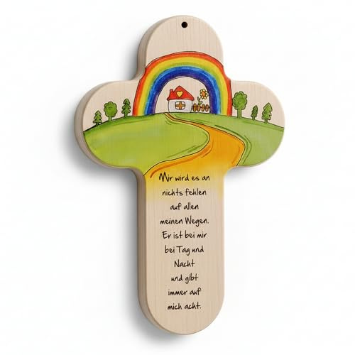 Kaltner Präsente Kinderkreuz aus Echtholz Buche 20 cm – Buntdruck Regenbogen & Schutzspruch – Wandkreuz für Kinderzimmer – Geschenk zur Taufe, Geburt, Kommunion & Geburtstag