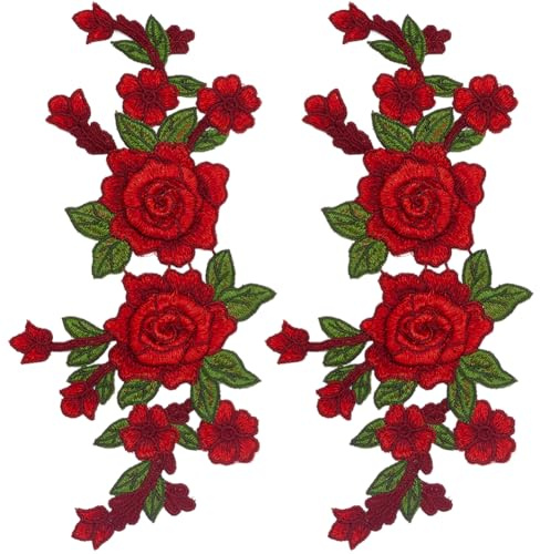 GORGECRAFT 2 Stück Rote Blumen Stickerei Applikation Mit Rosenblüte Zum Aufnähen Blumenstrauß Boho Liebe Dekorative Stickerei Nähflicken Blumenpaar Polyester Ornament Für Kragen Kleidung Kleider Rucks