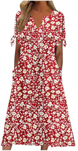 Dresses for Women UK, Holiday Essentials Ladies Summer Boho Dresses Short Sleeve Casual Beach Midi Sundress V Neck Hollow Out Eyelet Ruffle Swing A Line Flowy Vacation Dress