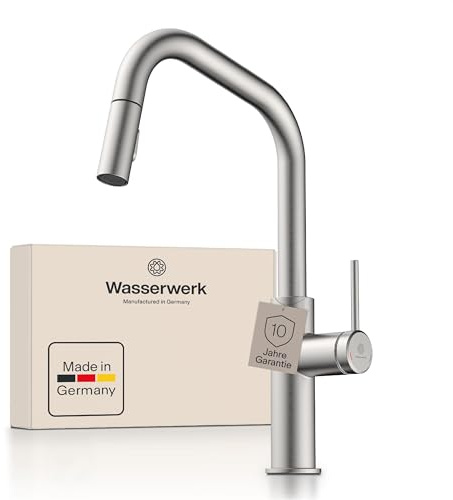 Wasserwerk WK13 Edge Küchenarmatur - Design-Wasserhahn Küche - Edelstahl-Optik - Herausziehbare Brause - Armatur mit Energiesparfunktion & Verbrühschutz - Premiumqualität Made in Germany