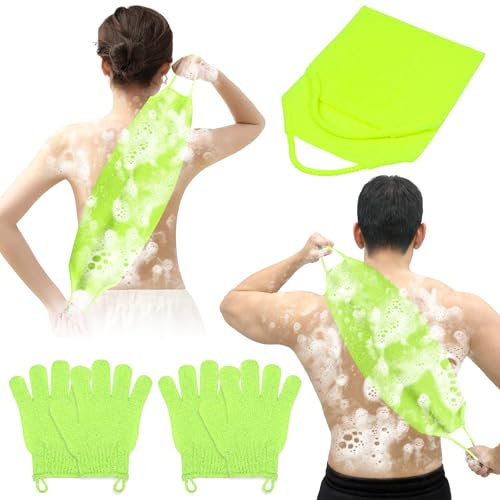 Vicloon Gant de Douche Exfoliante, 4PCS Gants de Bain Exfoliants, 1PCS Sangle de Bain, Gommage Du Dos pour La Douche, Élimine Peaux Mortes, Poils Incarnés, Impuretés, Toutes Peaux (Vert)