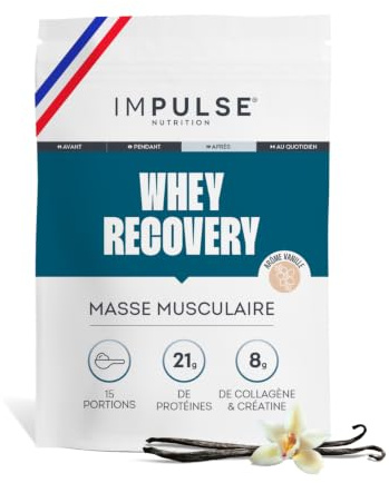 Impulse Nutrition - Whey Recovery Vanille All in 1 Créatine Whey Collagène | Récupération Musculaire - Prise de Masse et Force - 21g Protéines, 3g Créatine, 5g Collagène, Magnésium - Fabriqué en France