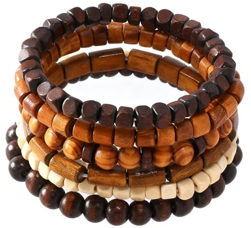 Xetpc 6 Pcs Wooden Bead Bracelet, Mens Bracelet, Bohemian Holiday Commemorative Bead Jewellery Wristband, Adjustable Elastic Vintage Meditation Bracelet, Man Woman Gift