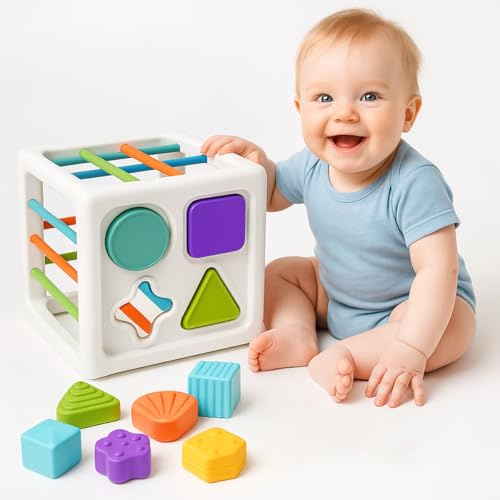 Toyana 11 in 1 Baby Shape Sorter Montessori Sensory Cube with Elastic Bands, Soft Edges, Multi-Textured Blocks Fine Motor Travel Skill Learning & Sorting Activity Toy for Toddler Gift 6+ Months