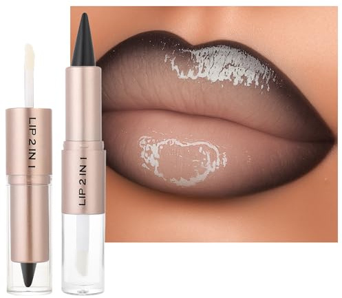Erinde 2-in-1 Doppelendiger Lipliner & Transparenter Lipgloss, Schwarz Lipliner, Samtig Matter Lippenstift & Klarer Lipgloss, Hochpigmentiertes und Langanhaltendes Lippen-Make-up, Tierversuchsfrei, 01