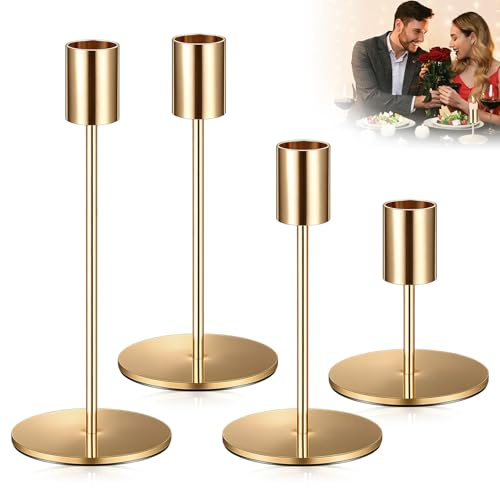 4 Stück Kerzenhalter Gold, 9.5/14/16/19CM Kerzenständer Stabkerzen Metall Vintage Goldene Stabkerzenhalter für Abendessen Hochzeit Haus Tischdeko Kamindekoration Kerzenschein