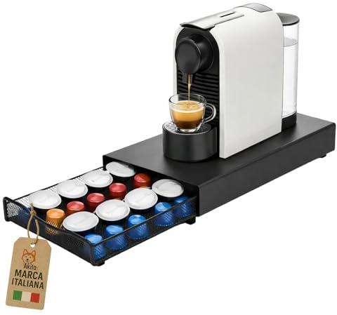 AKITAInk Portacapsule Caffè in Metallo con Cassetto, Organizer 40 Capsule Salvaspazio, Supporto Macchina Caffè, 37,5x17,5x4,5 cm, Nero