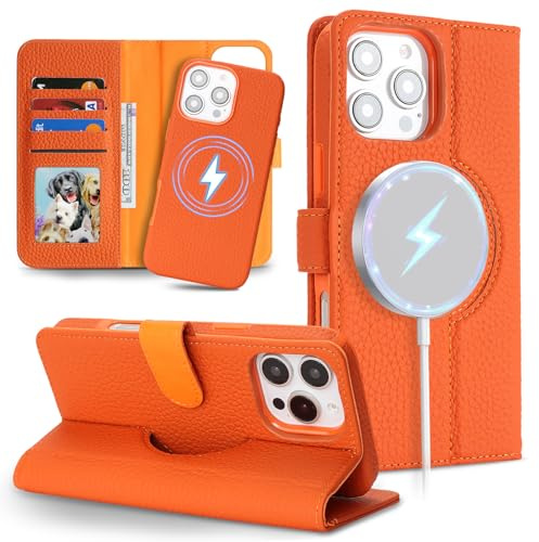 SailorTech Phone Case for iPhone 16 Pro Max Genuine Leather Case Support Magsafe Charging, Detachable 2 in 1 Wallet Case with Card Holder, Flip Folio Cover Purse for iPhone 16 Pro Max-Orange