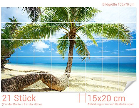 GRAZDesign Fliesenaufkleber Bad Klebefliesen Strand & Palme Wandfliese selbstklebend - Bild: 105x70cm (BxH)