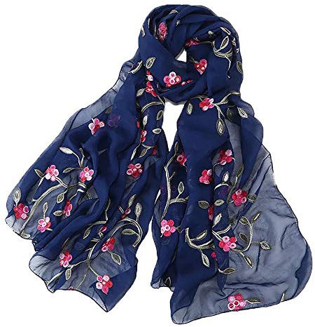 Pluto & Fox Écharpe en soie pour femme Motif floral rétro et élégant Bleu bleu Taille unique
