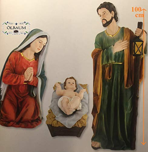 Krippenfiguren im 4-tlg. Set, Standfiguren in 100 cm, nahezu lebensgroße Ausführung der Heiligen Familie, feine Mimik, Maria, Josef und Jesus in der Krippe