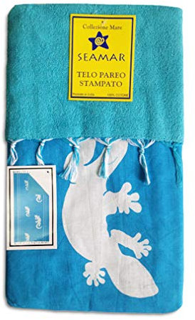 Seamar Telo Mare Fouta Pareo Doppio Gechi Etnico 90x170 cm con Frange 100% Cotone Sopra 100% Spugna Sotto (Azzurro)