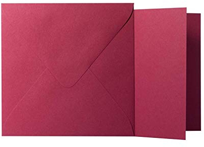 25 Quadratische Bordeaux Briefumschläge 120g von der Größe 17 X 17 cm + Klappkarten 240g von der Größe 16,0 X 16,0 cm, mit dreieckiger Lasche zum Kleben ohne Fenster