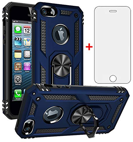 Asuwish Compatible with iPhone 5S 5 SE 2016 5SE Case with Tempered Glass Screen Protector Stand Ring Holder Shockproof Silicone Heavy Duty Accessories Magnetic Rugged Metal i Phone5s Cases 6SE Blue