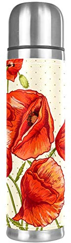 Bouteille d'eau rétro en acier inoxydable avec motif de coquelicot rouge - Bouteille isotherme pour boissons chaudes et froides - 500 ml - Pour le bureau, l'école, les voyages
