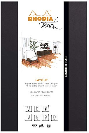 Rhodia 116101C - Notizblock Marker Pad kopfseitig verleimt, A4+ (21x29,7 cm), 50 Blatt mikroperforiert, blanko, Clairefontaine Papier Layout weiß extra glatt 100g, Schwarz, 1 Stück