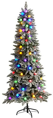 Nearly Natural 6.5ft. Flocked British Columbia Mountain Fir Artificial Christmas Tree in Decorative Planter with 75 Multi Color Globe Bulbs and 679 Bendable Branches