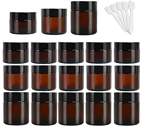 Yishik 15 Pack Amber Glass Jar, 1 oz 2 oz 4 oz Round Empty Cosmetic Containers, Refillable Glass Travel Containers with Black Lids and White Inner Liners