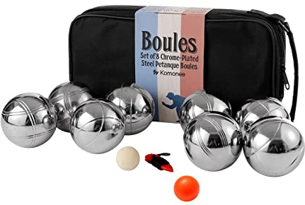 Komonee 8 Boules Petanque Bowls Set Luxury Polished Chrome Stainless Steel Balls Popular French Game Includes Measure With Wooden Jacks And Black Canvas Carry Bag