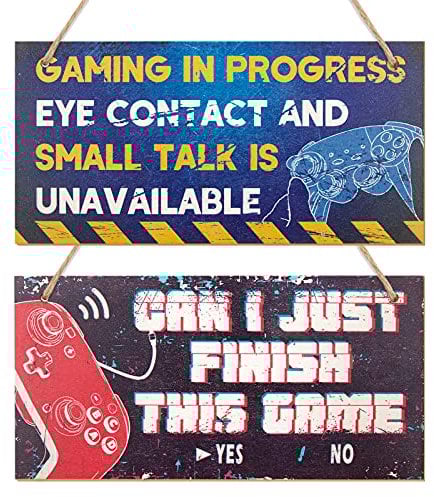 2 Pcs Funny Gaming Signs Just Finish This Game Wooden Sign Hanging Game Signs Bedroom Door Sign with Jute Rope for Boys Game Room Birthday Xmas Gift Living Room Decor