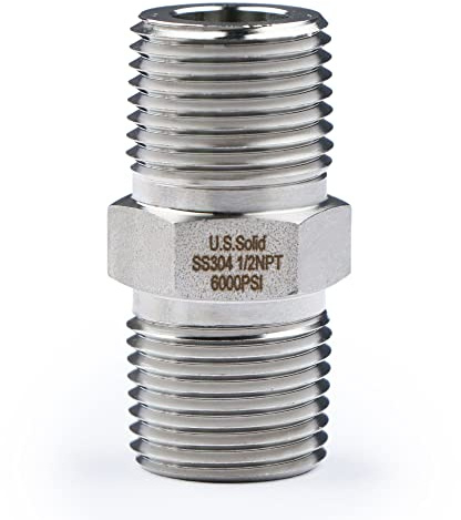 U.S. Solid 304 Stainless Steel Hex Nipple, 6000 psi High Pressure Heavy Duty Pipe Fitting, 1/2 x 1/2 NPT Male Thread Pipe Adapter(1 pc)