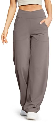 G4Free Damen Weite Hose Yogahose Hohe Taille Jogginghose mit Taschen Crossover Elegant Straighthose Bauchkontrolle Schlaghose Sporthose Petite/Regulär/Lang