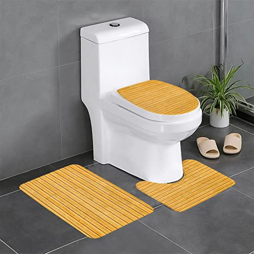 CARRDKDK Lot de 3 tapis de salle de bain texturés en bambou en forme de U, tapis de toilette antidérapants en polyester, 61 x 40,6 cm