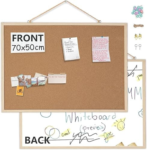 EasyVibe Tableau blanc en liège double face 70 x 50 cm pour murs avec cadre en bois, tableau d'affichage avant et arrière effaçable à sec, tableau d'agrafage pour la maison, le bureau, l'école