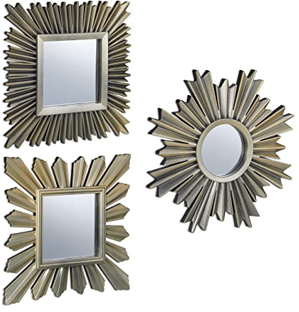 Relaxdays Spiegel 3er Set, dekorativer Sonnenspiegel, 3 Designs, Wohnzimmer, Flur, Dekospiegel, Kunststoff-Rahmen, Gold