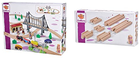 Eichhorn Schienenbahn 100006204 Bahnset mit Brücke, 55 teilig & Eichhorn Schienenbahn 100006402 Ausgleichsschienenset, 6 teilig, FSC zertifiziertes Buchenholz