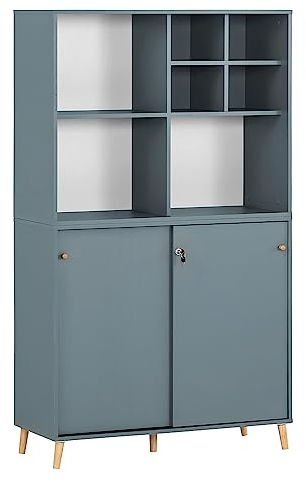 Lomadox Büroschrank abschließbar auf Massivholz Füßen in blau, B/H/T: ca. 100,1/175,2/41 cm