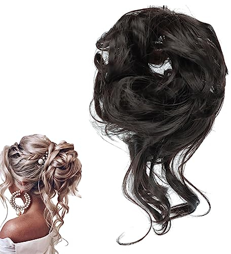 prinfantasy Hair Extensions Haarteil Dutt Haarteil Dunkelbraun Gelockt Haargummi mit Haaren Hochsteckfrisuren Haarverlängerung Messy Bun Haarteile für Damen Mädchen Pferdeschwanz FQ002